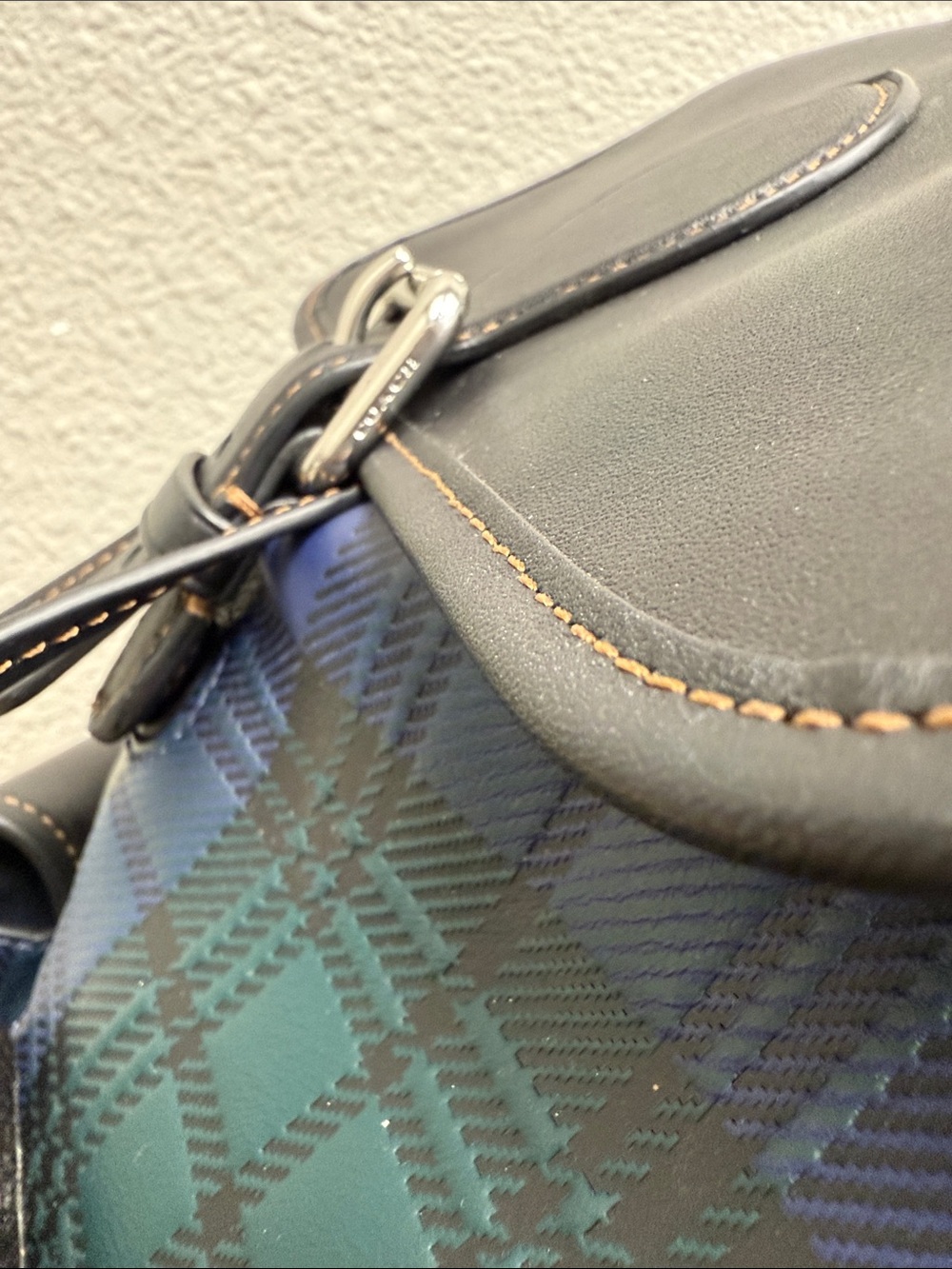 Coach Frankie Black Leather Trim Green and Navy Plaid Backpack - Picture 10 of 14